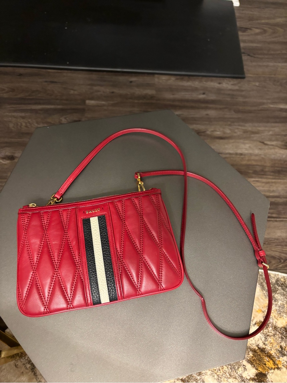 Bally Red Quilted Leather Crossbody with Signature Stripe - Picture 3 of 5